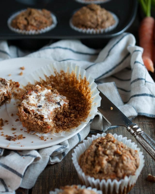 These healthy carrot muffins are made with oat flour, applesauce, honey, coconut oil and a tasty mix of spices that will remind you of carrot cake!