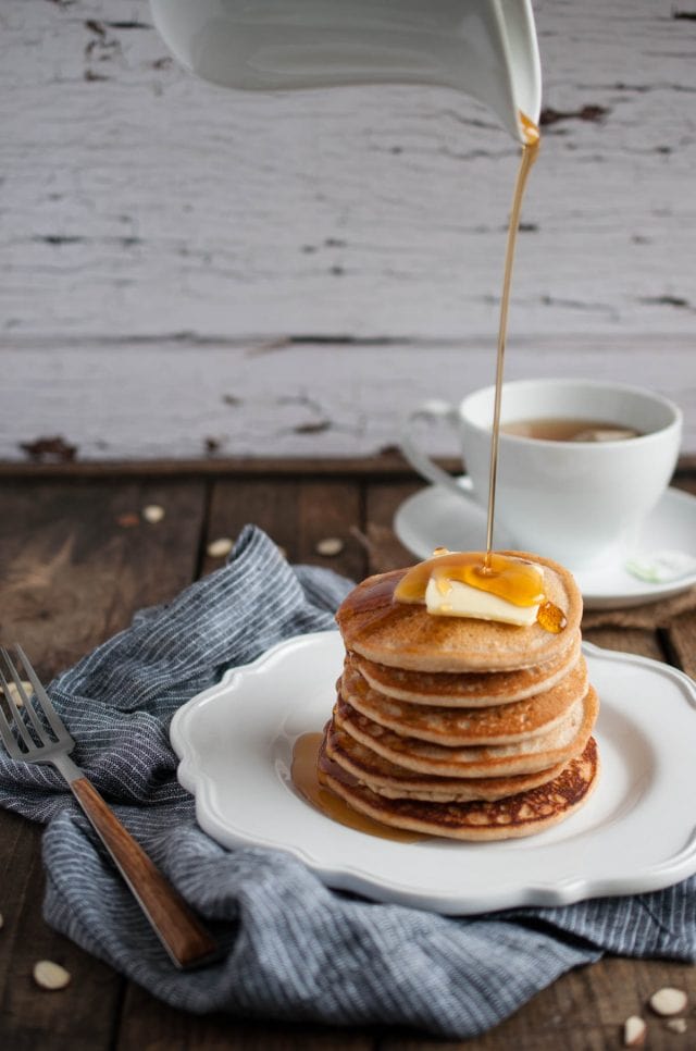 Almond pancakes are delicious, healthy, gluten free, and full of protein! A combo of almond flour, extract, and milk really brings out the almond flavor! 