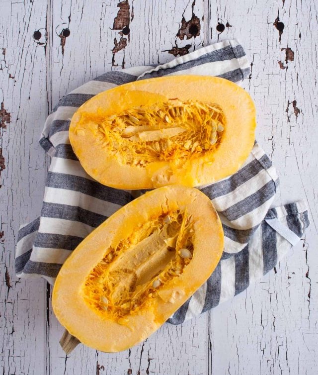 Roasted spaghetti squash is the perfect low carb pasta substitute with five times less calories, a smooth buttery flavor, and endless ideas for toppings.