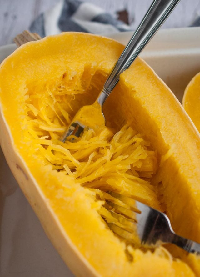 Roasted spaghetti squash is the perfect low carb pasta substitute with five times less calories, a smooth buttery flavor, and endless ideas for toppings.