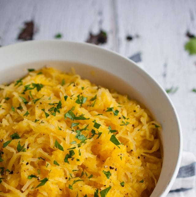 Roasted spaghetti squash is the perfect low carb pasta substitute with five times less calories, a smooth buttery flavor, and endless ideas for toppings.