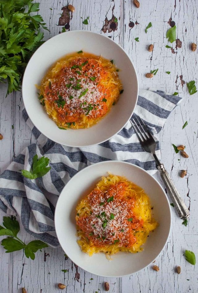 Romesco sauce is a Spanish staple made from roasted red peppers, tomatoes, and garlic that is served over fish, pasta, spaghetti squash, or a dip for bread.