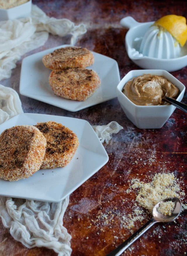 These brown rice sweet potato patties are enhanced by a savory tahini dipping sauce that makes them a tasty and healthy appetizer, light meal, or snack.