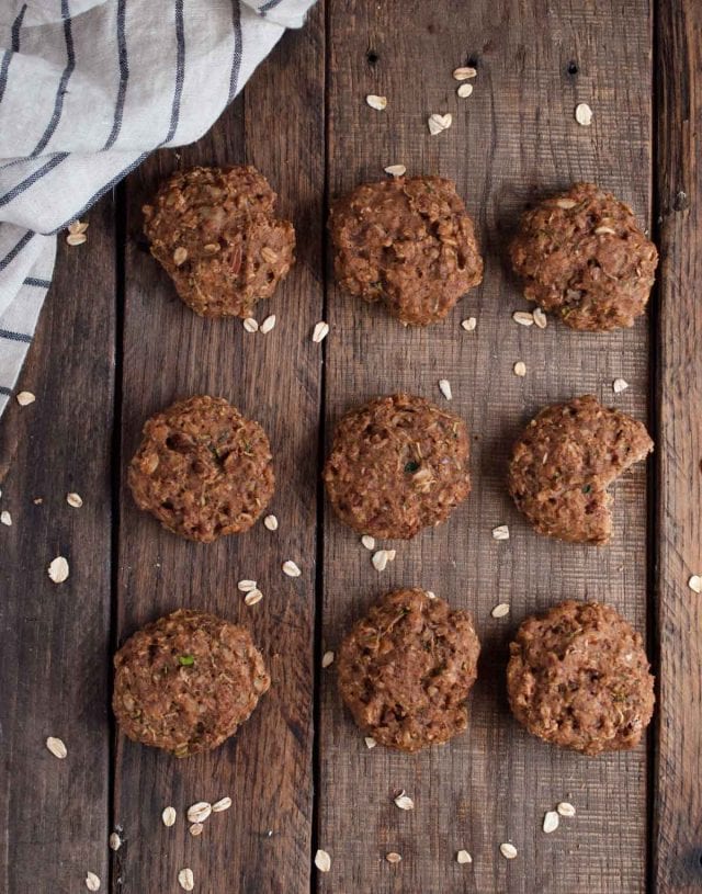 Healthy zucchini cookies that are both and delicious and good for you with banana, oats, flax, coconut oil, coconut sugar, and (of course) zucchini.