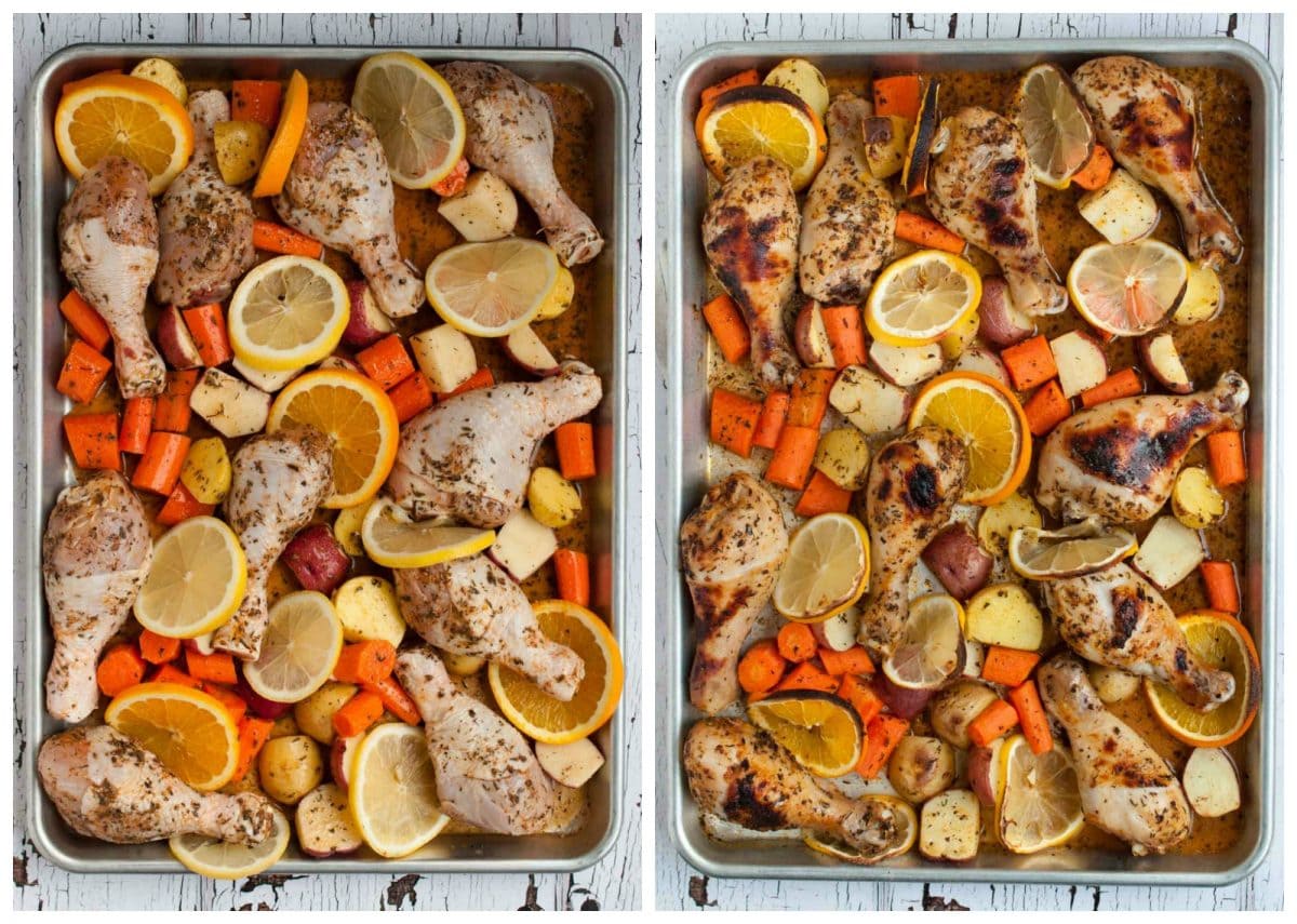 Baked citrus chicken and vegetables is a comforting, delicious, unique one dish meal that is impressive enough to serve to guests without being too fussy.