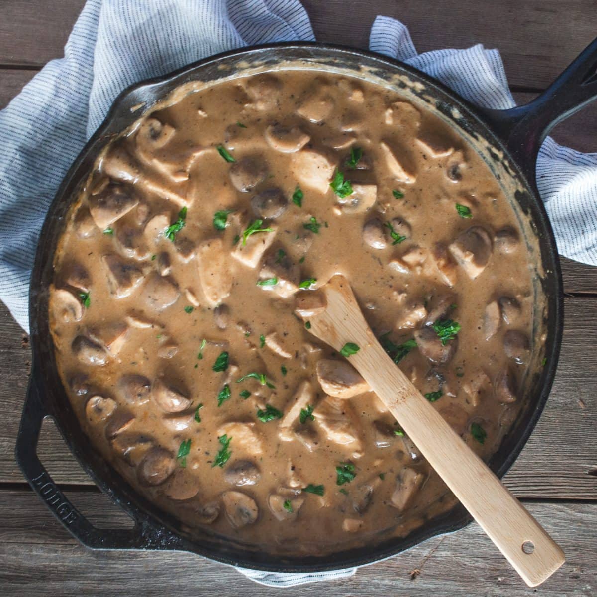 Overhead picture of chicken stroganoff in skillet