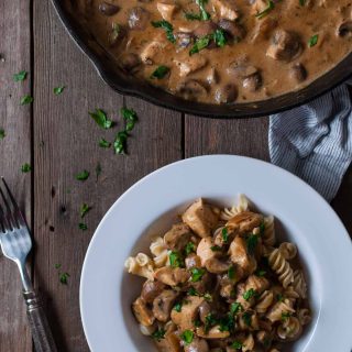 Creamy chicken stroganoff is comfort food that is easy enough for a weeknight dinner. This version is lightened up with mushrooms and brown rice noodles.