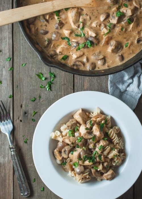Photo of chicken stroganoff skillet and serving in a bowl