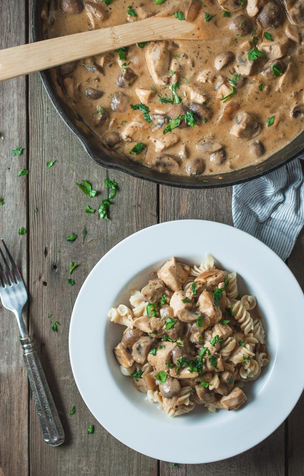Photo of chicken stroganoff skillet and serving in a bowl