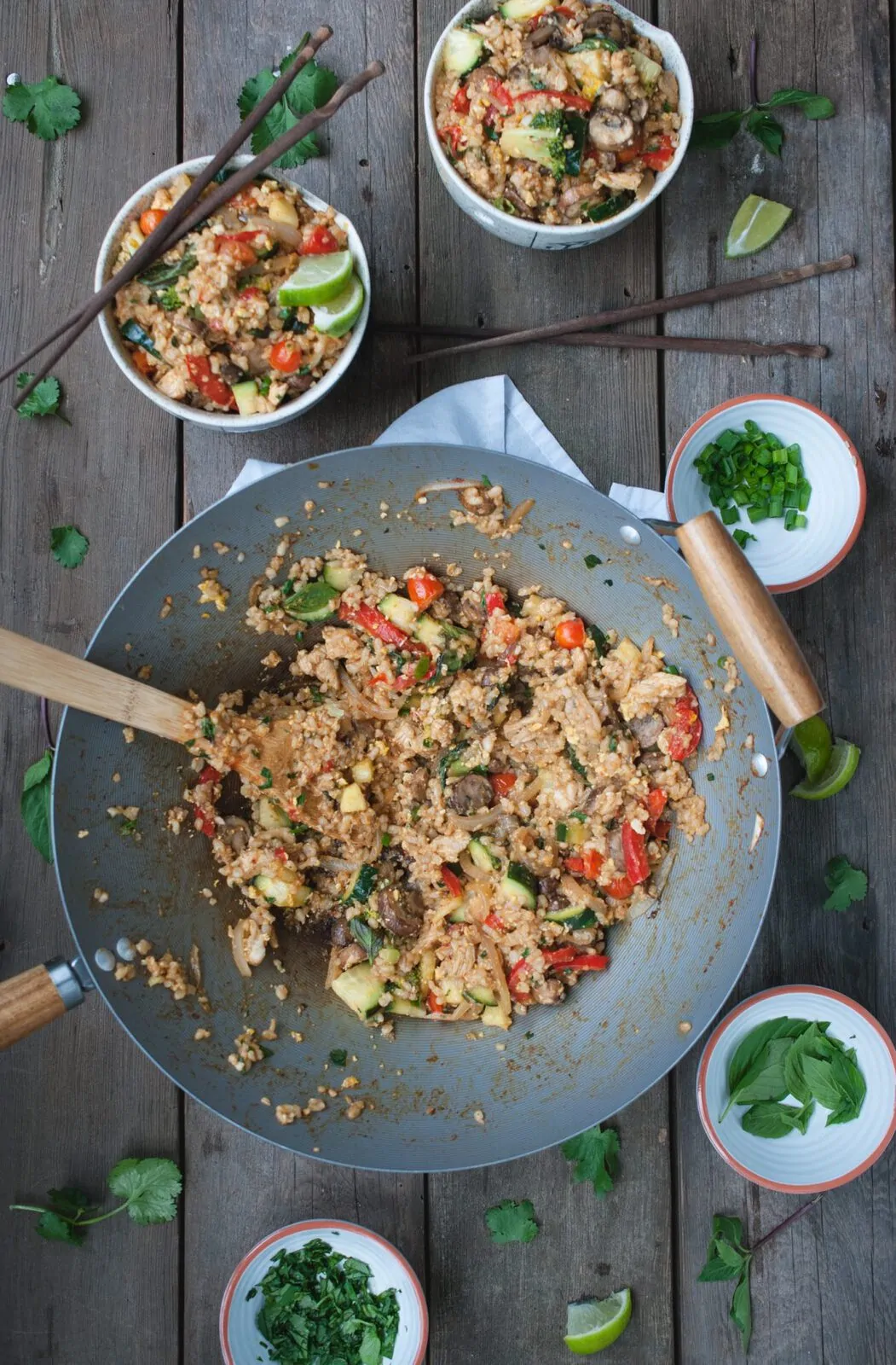 overhead picture of Thai fried brown rice in wok