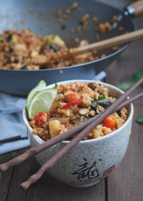 Picture of Thai fried brown rice bowl with chopsticks