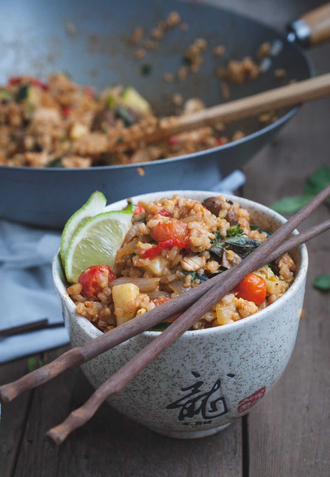 Picture of Thai fried brown rice bowl with chopsticks