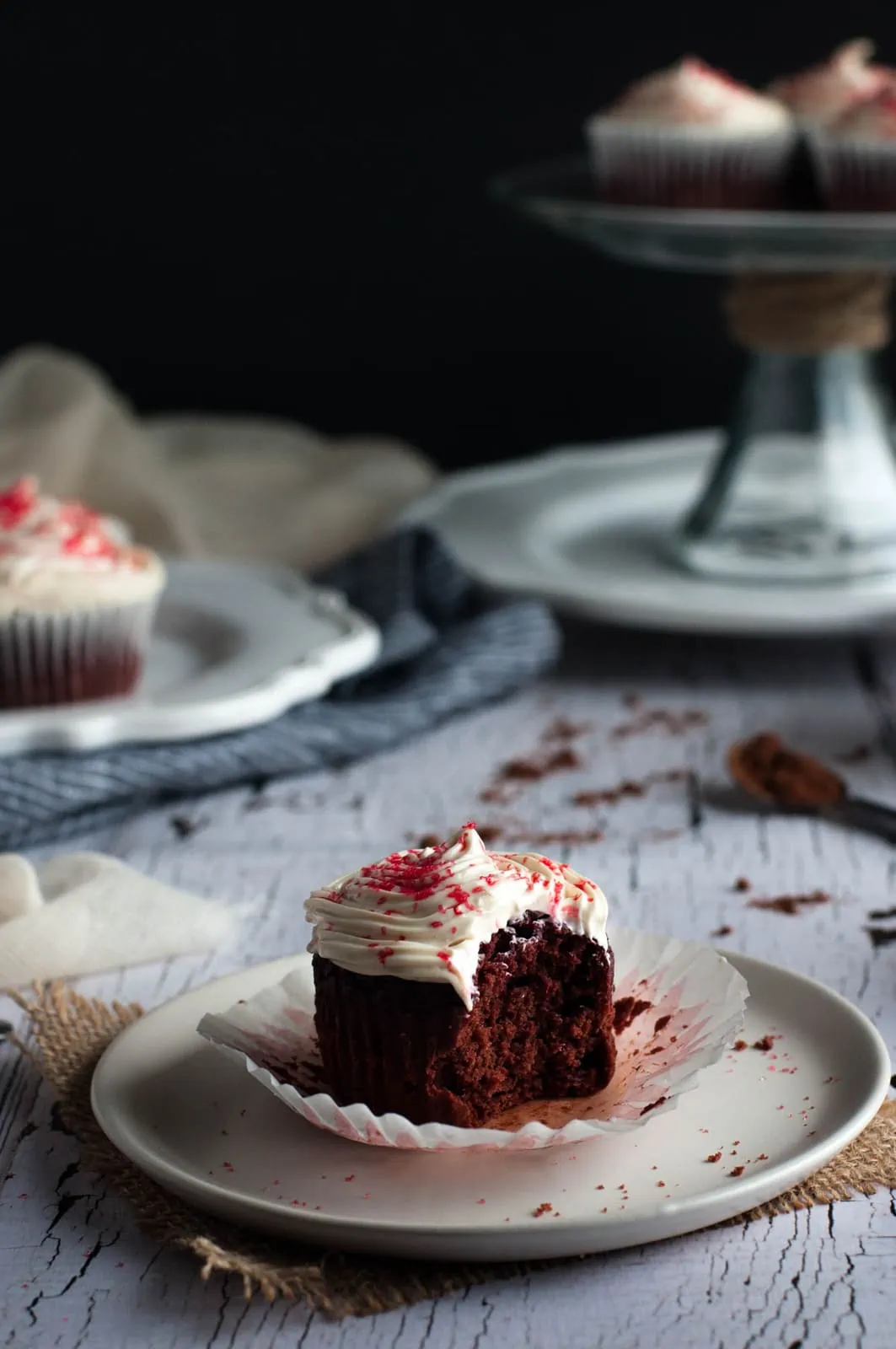 Healthy yet tasty beet red velvet cupcakes are made with whole wheat flour and no processed sugar. They're topped off with a decadent cream cheese frosting.