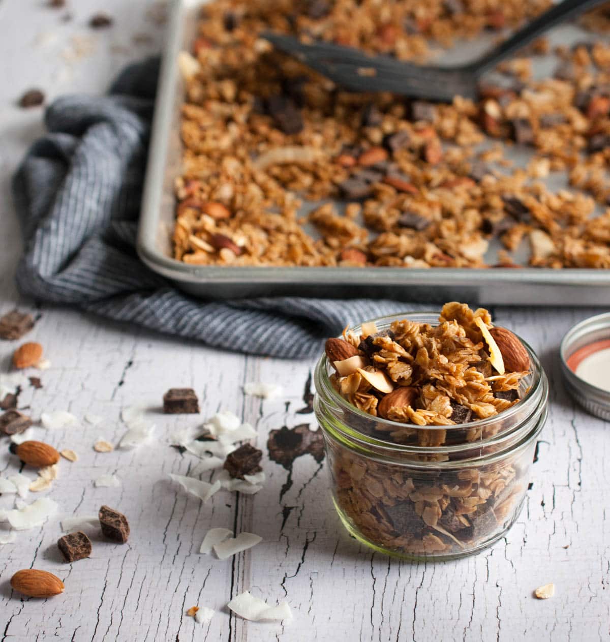 Crunchy chocolate coconut granola with toasty almonds, coconut oil, honey, and a dash of cinnamon to make your breakfast the best meal of the day.