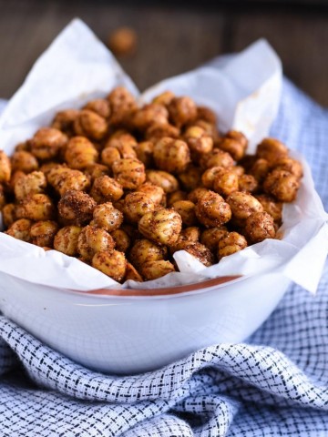 These spicy roasted chickpeas are a tasty and satisfying savory high protein snack with over 6 grams of protein in each delicious serving.