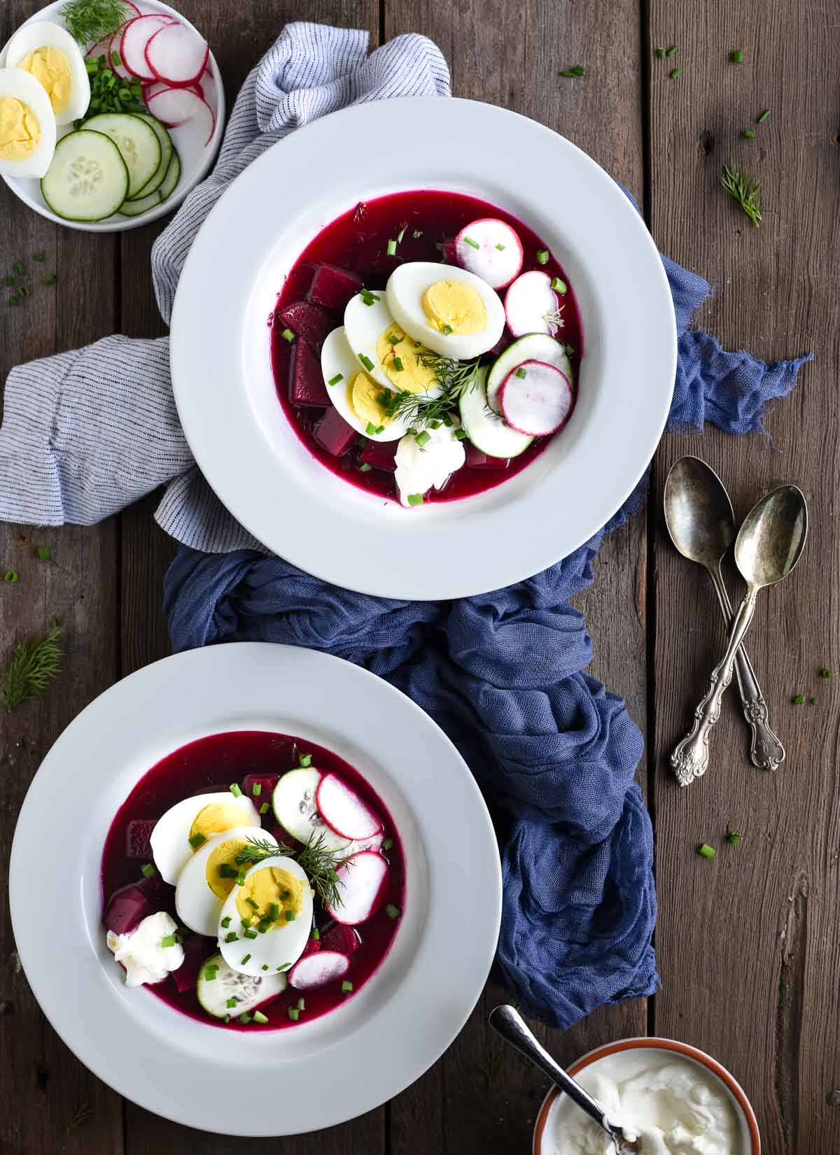 Two bowls of cold borscht Ukrainian beet soup