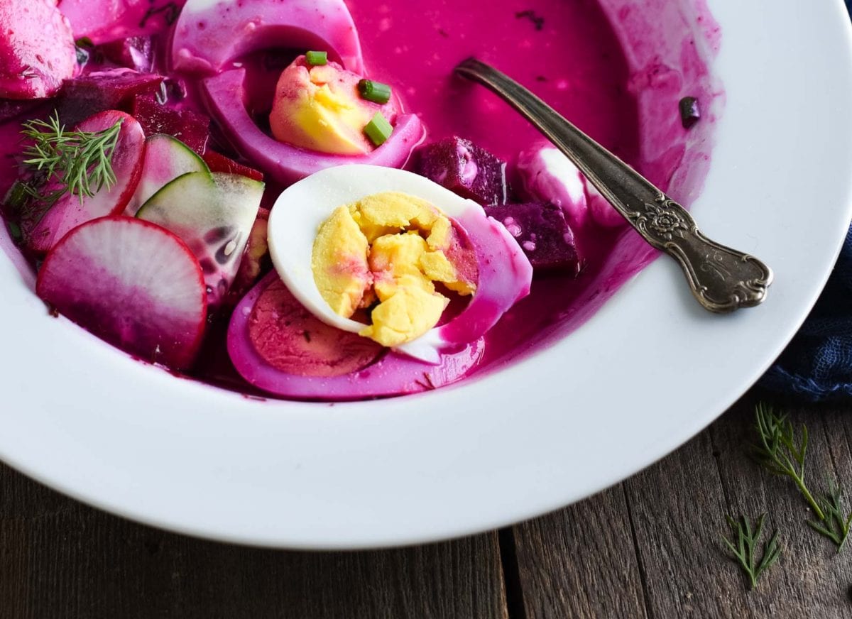 Light pink cold borscht with egg