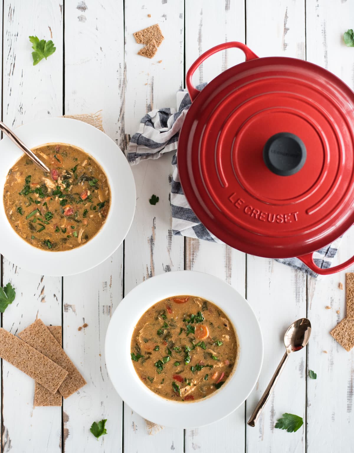 Overhead picture of chicken paprika soup and le creuset pot. Sides for sandwiches.