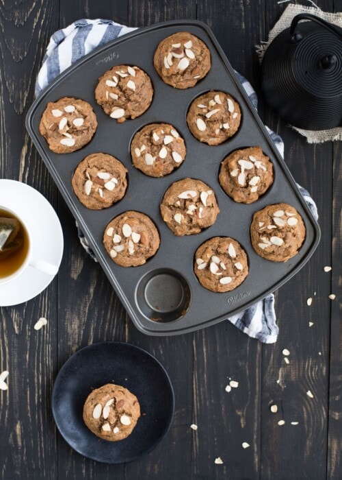 almond muffins with tea kettle from overhead