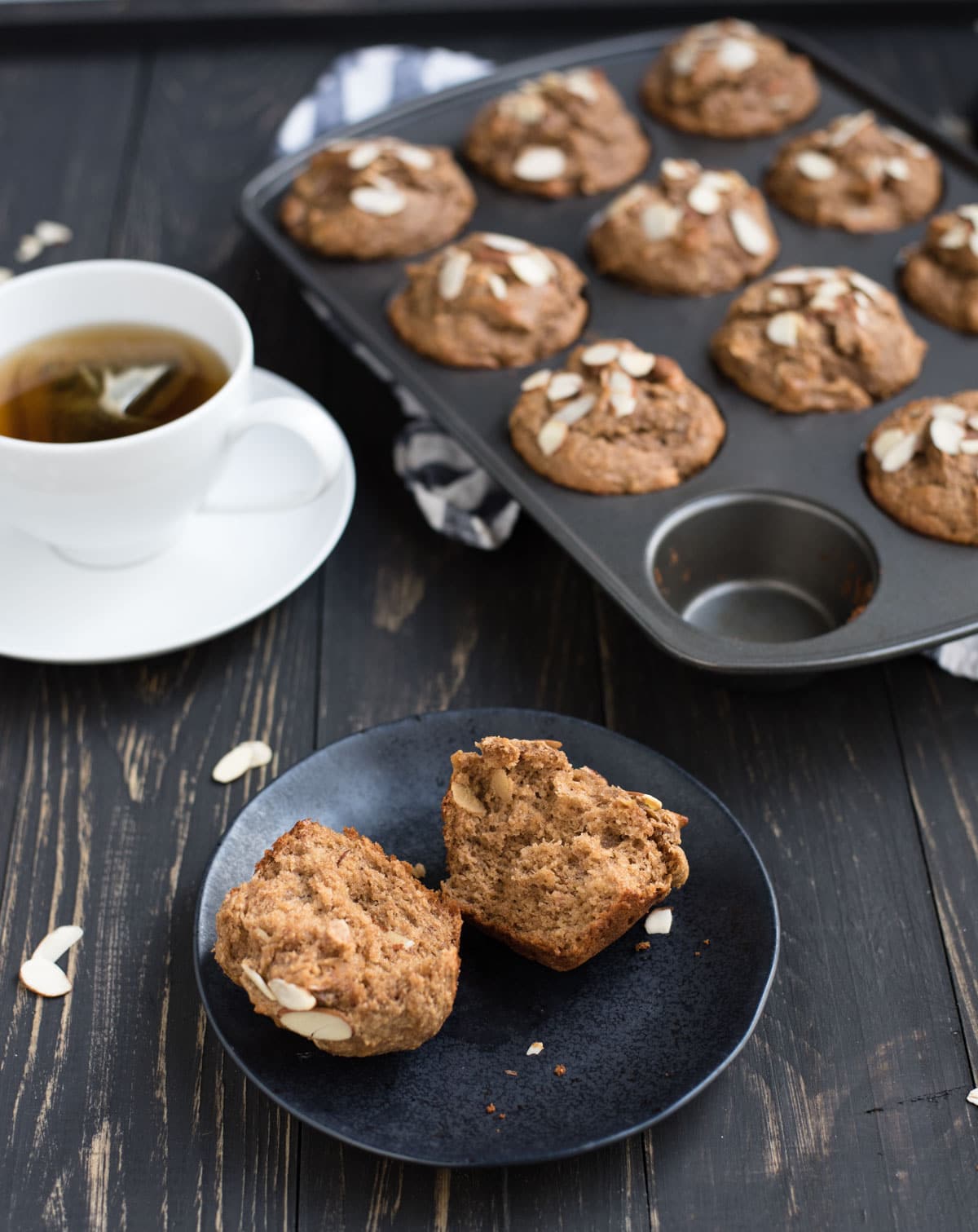 plate with almond butter muffin and cup of tea