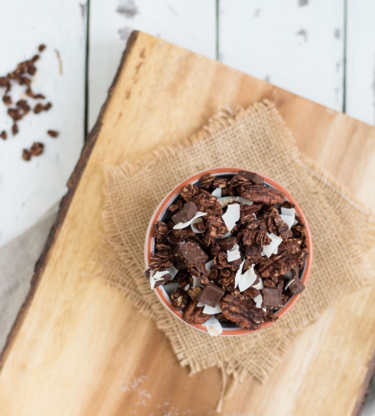 close up bowl of chocolate granola