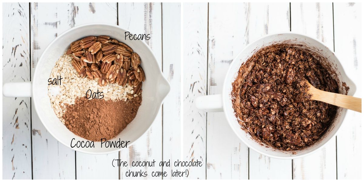 chocolate granola ingredients before and after mixing