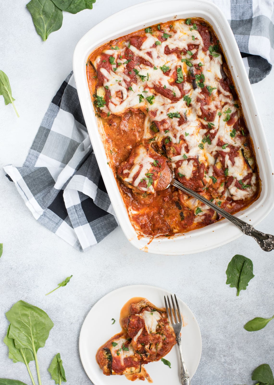 overhead picture of eggplant lasagna roll ups 