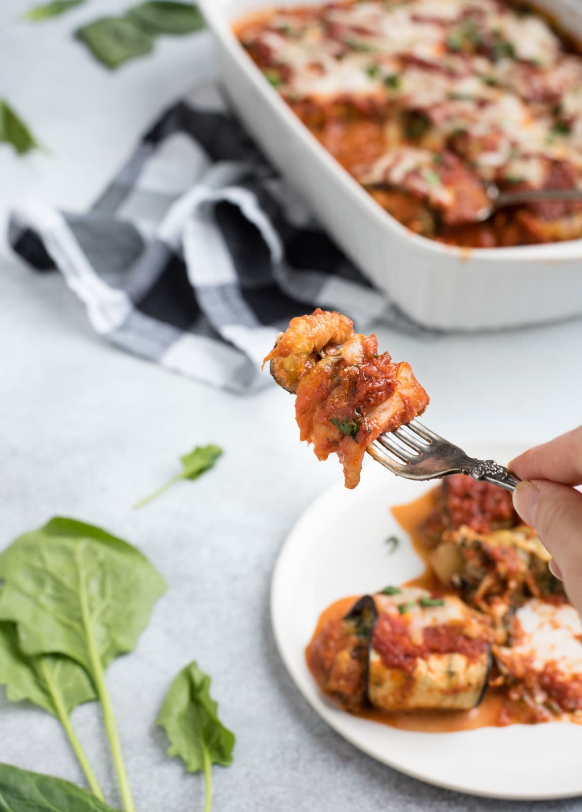 Eggplant lasagna roll ups - bite on a fork