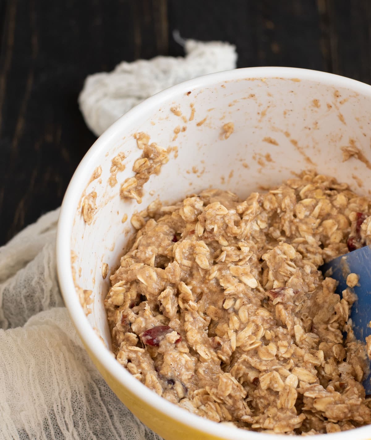 Healthy banana oat cookie batter in a bowl