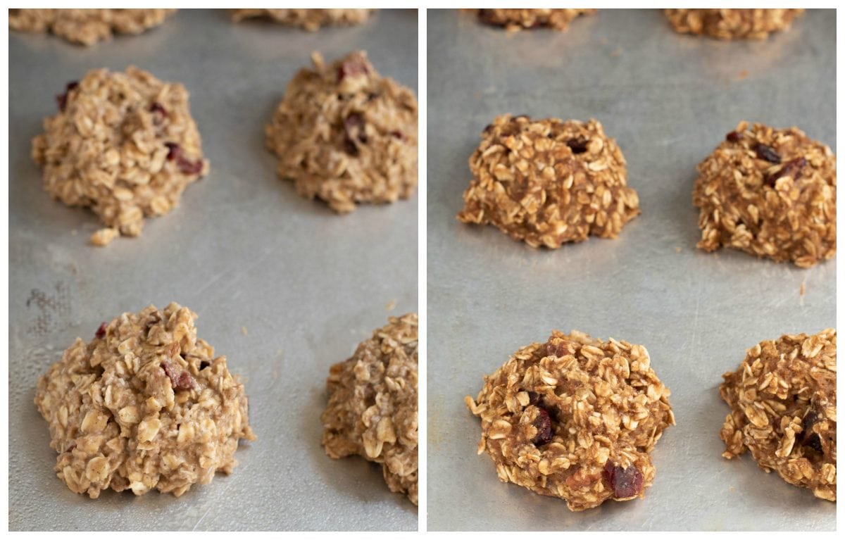 Healthy banana oat cookies on a pan before and after baking