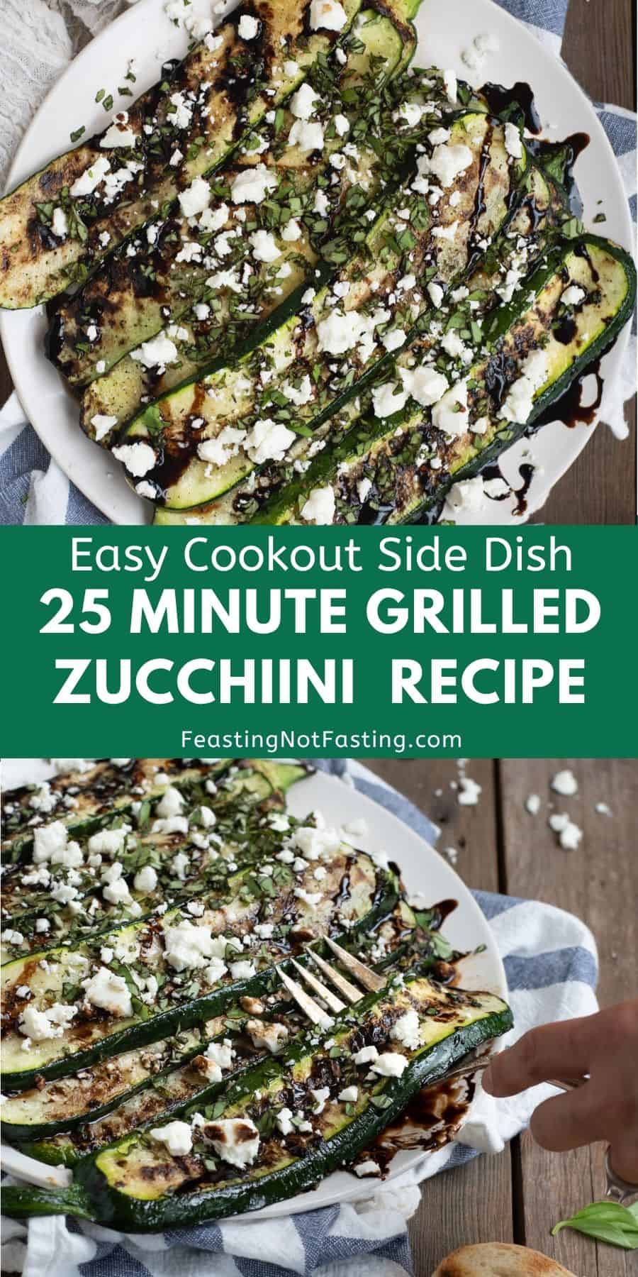 Grilled Zucchini slices topped with feta, balsamic glaze, and basil make a fresh and flavorful dish.