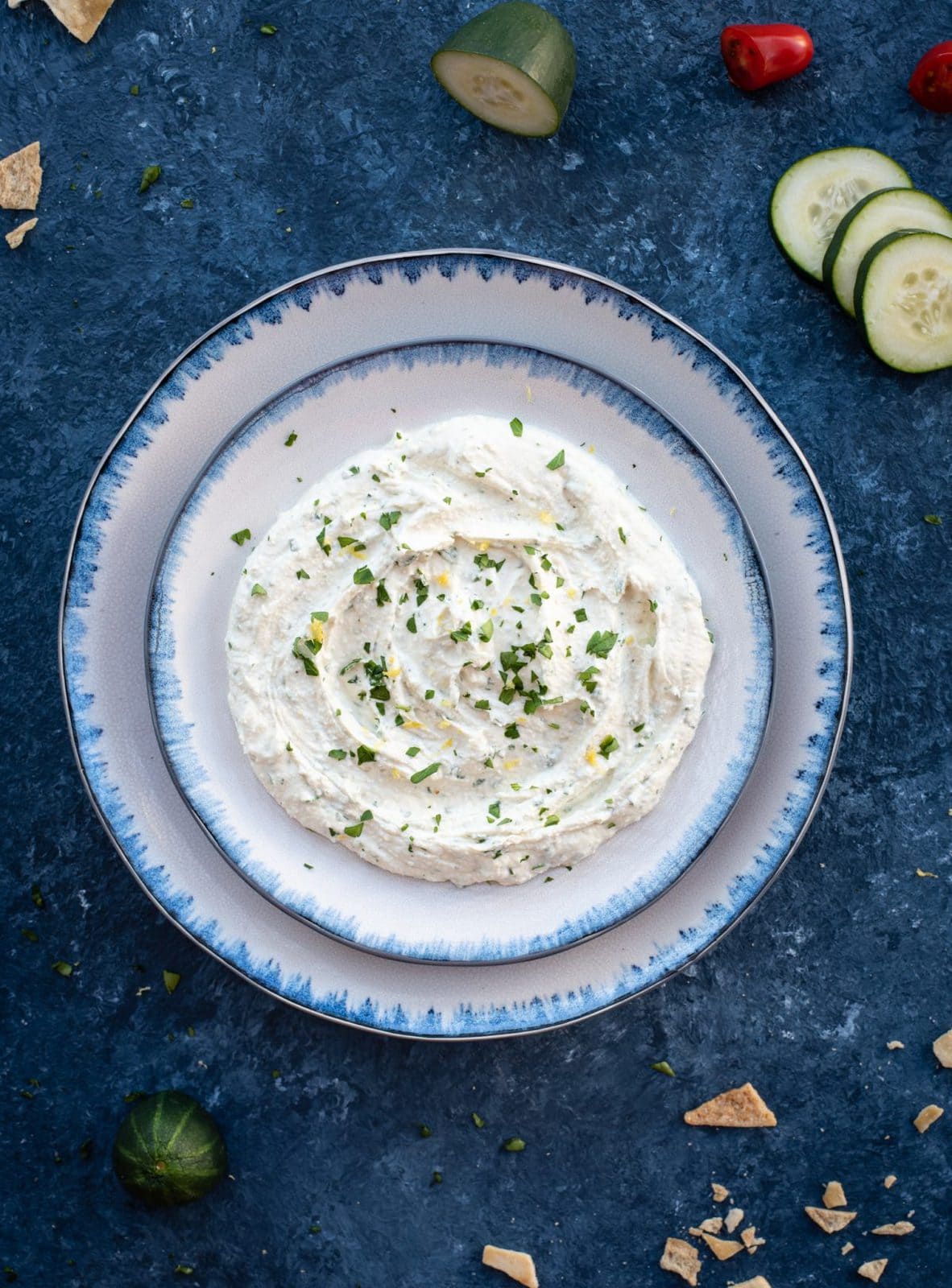 Overhead picture of whipped feta with herbs