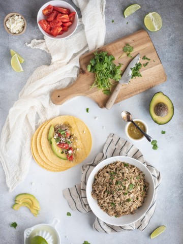 overhead picture of Slow Cooker Cilantro Lime Chicken tacos