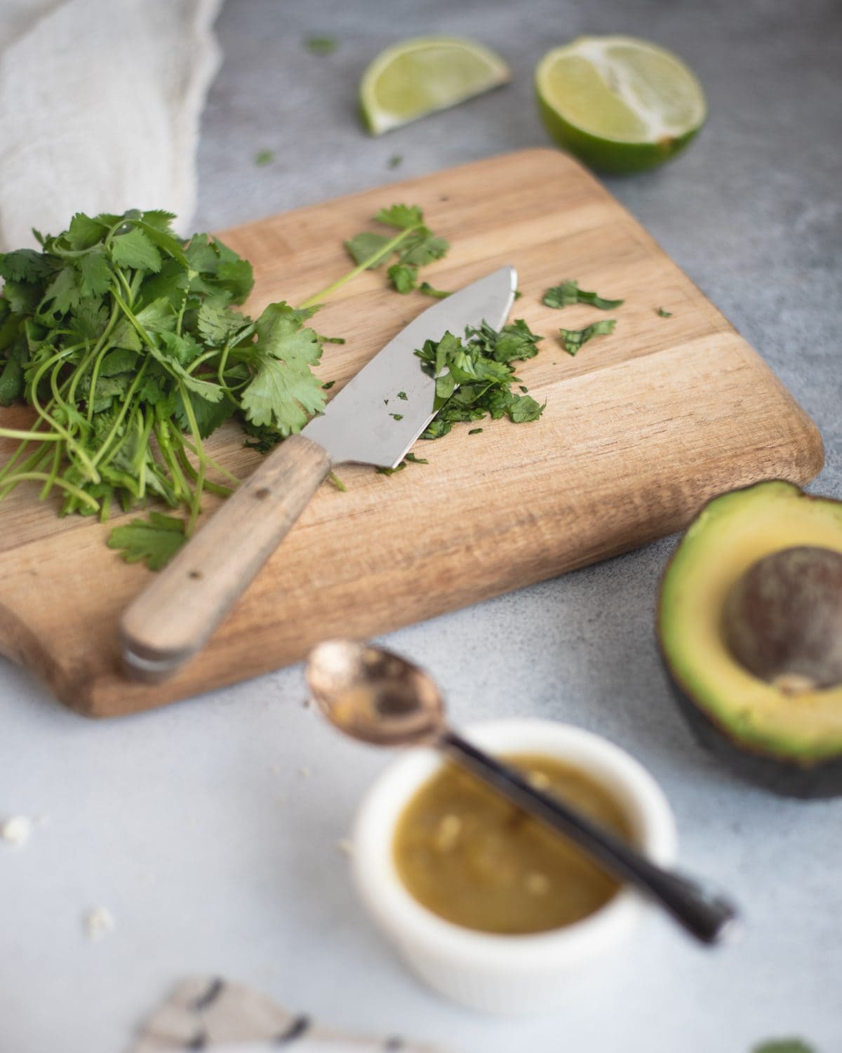 Cutting board with chopped cilantro