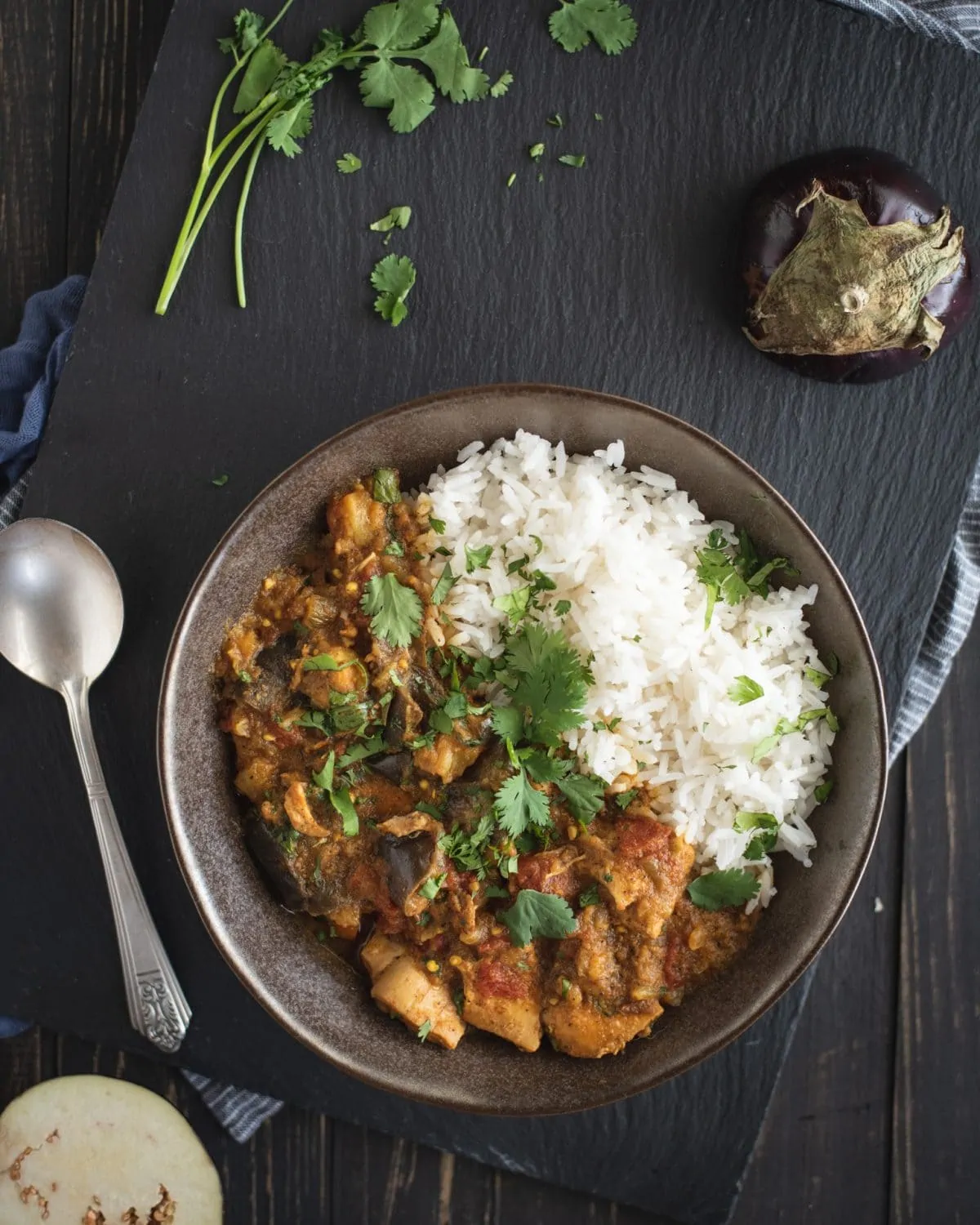 overhead close up photo of Instant Pot chicken curry with eggplant recipe on dark background