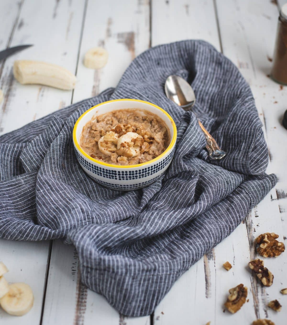 peanut butter banana oats from microwave in a bowl