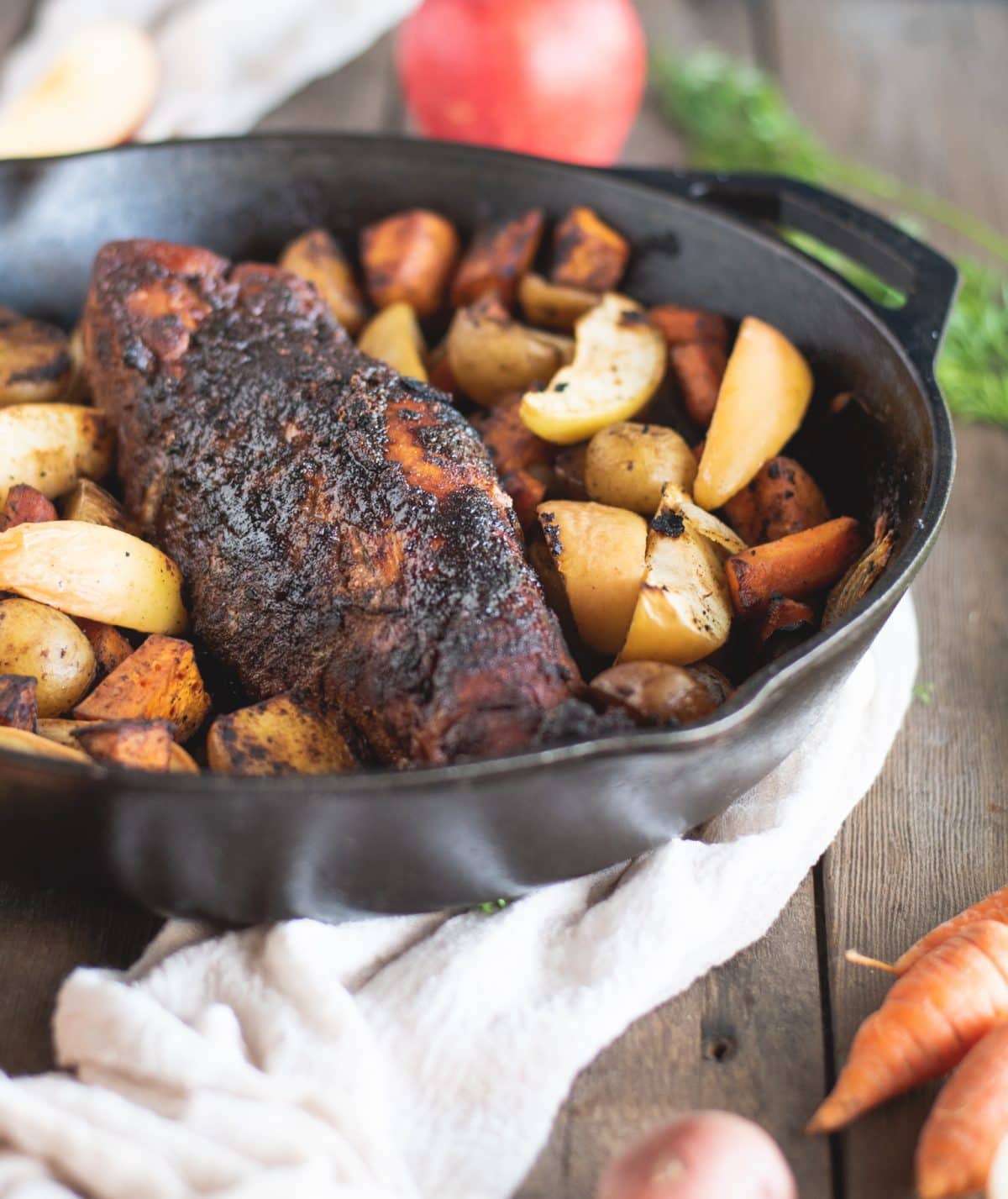 Picture of Pork Tenderloin with Apples and Root Vegetables in a skillet