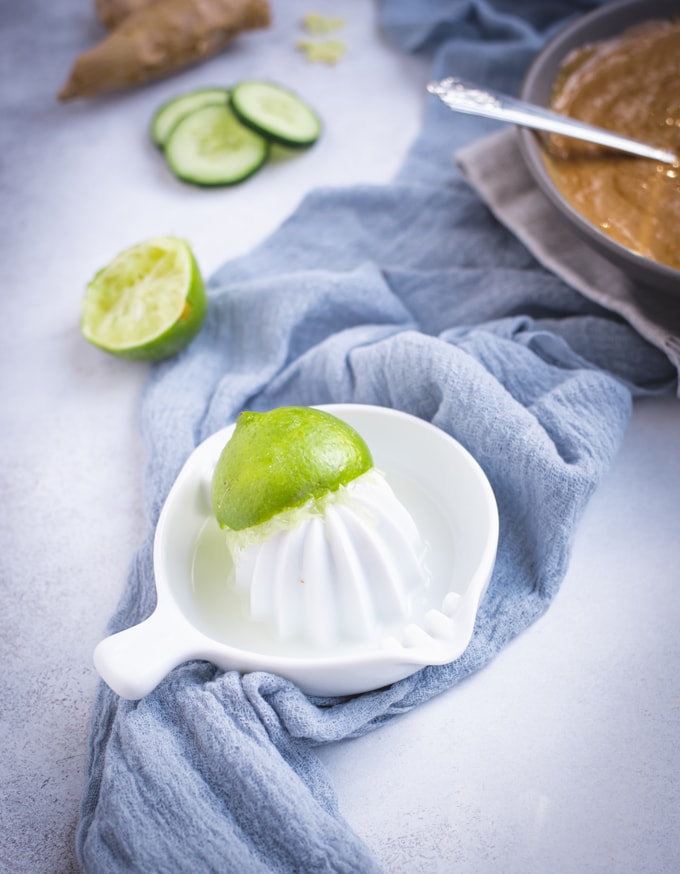 Cut lime on white juice squeezer