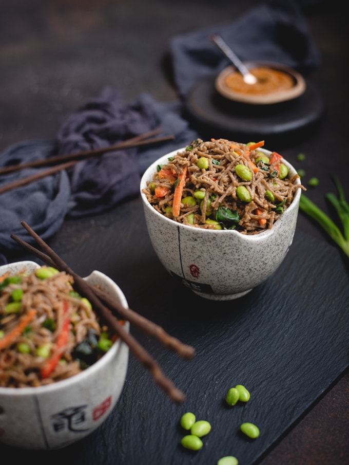 bowl of soba noodles in peanut sauce