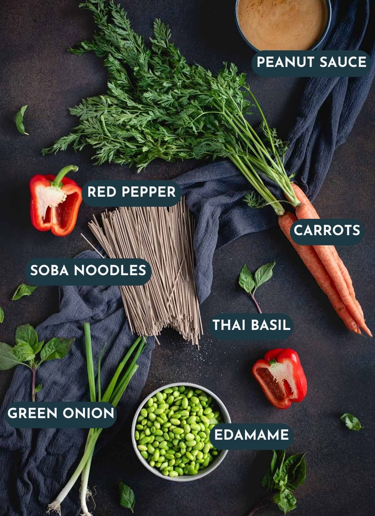 Flat-lay of soba noodles, carrots, red pepper, green onion, edamame, Thai basil, and creamy peanut sauce, each ingredient labeled.