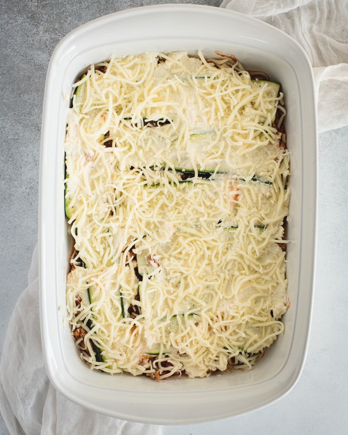 baking dish with cheese layer of casserole