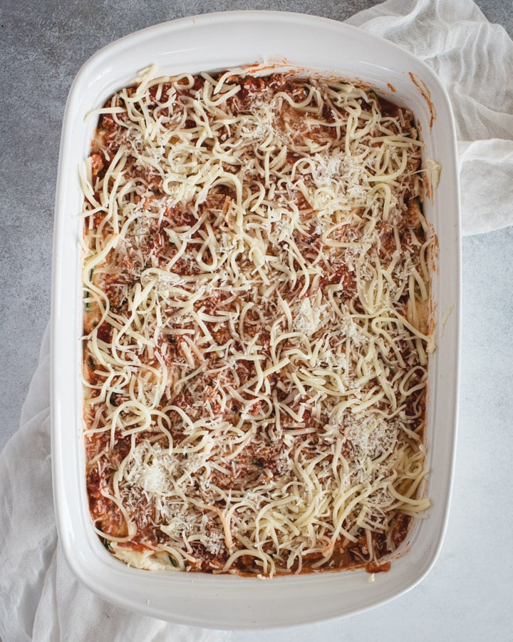 baking dish with lasagna layer