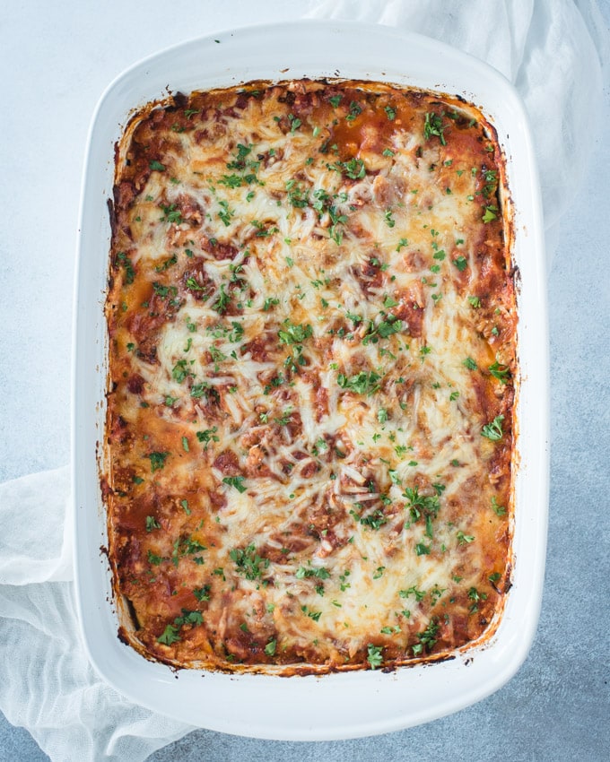 cooked white dish of zucchini lasagna