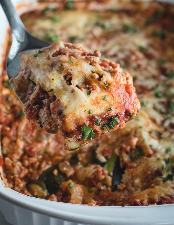 close up picture of serving of zucchini lasagna