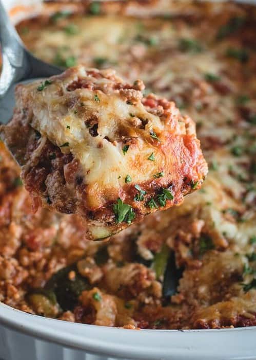 close up picture of serving of zucchini lasagna