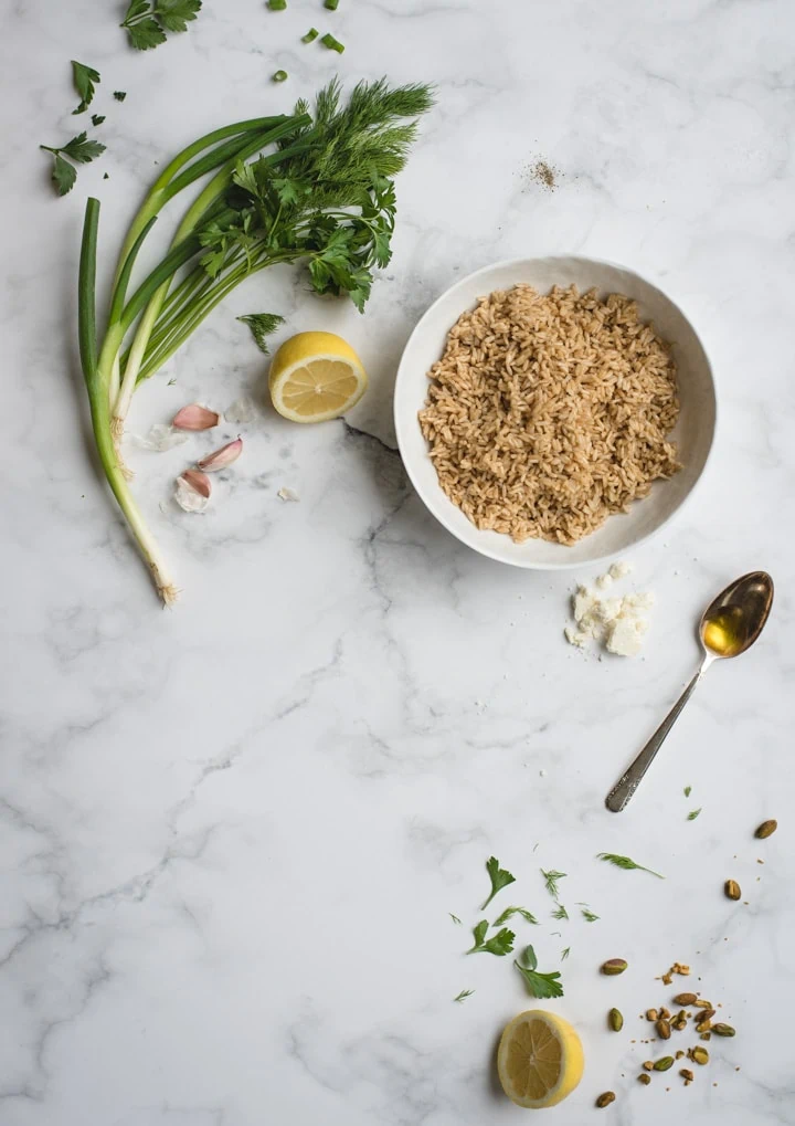 ingredient overhead picture for a lemon brown rice side dish