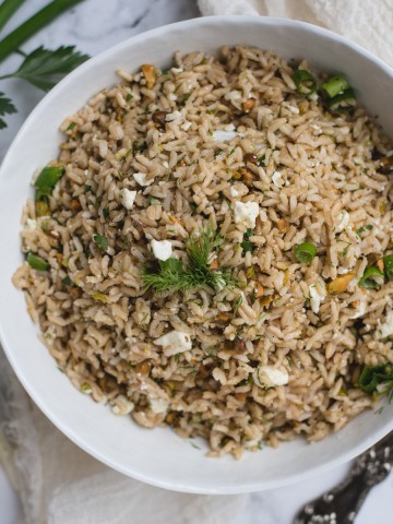 close up overhead photo of lemon brown rice side dish with dill