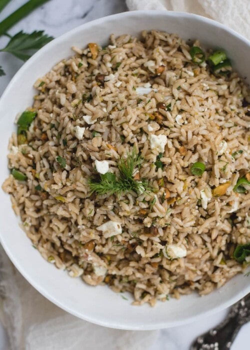 close up overhead photo of lemon brown rice side dish with dill