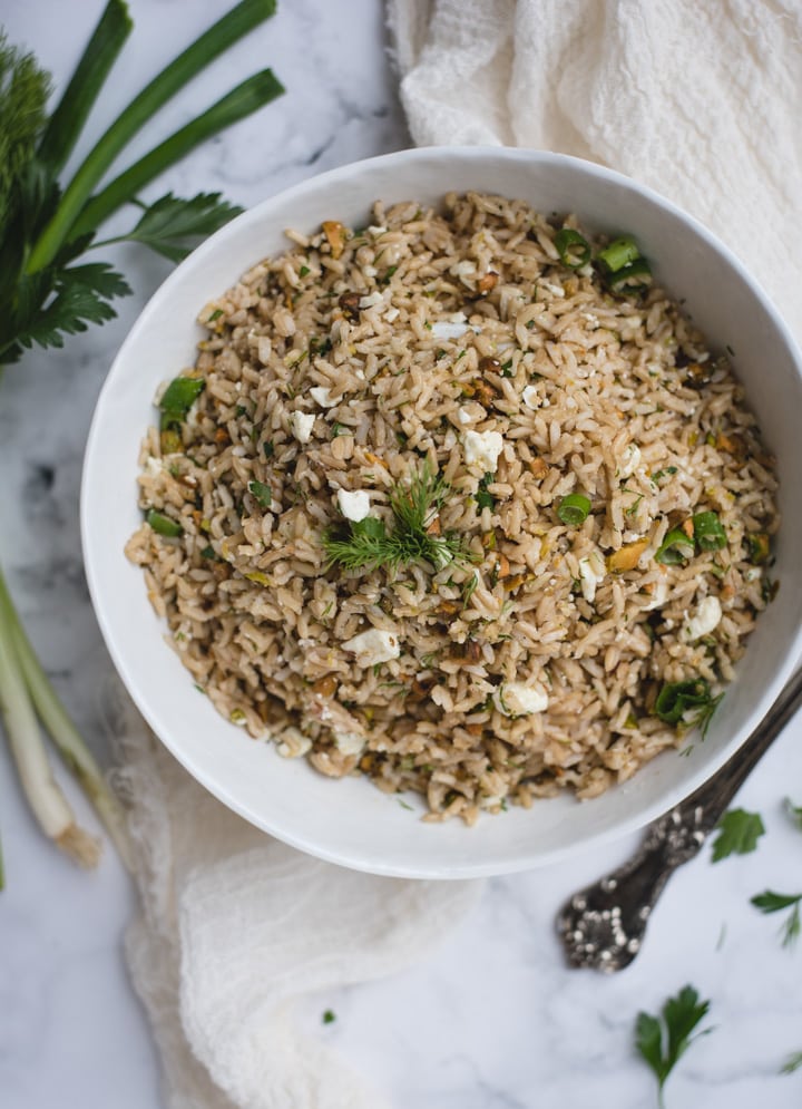 overhead picture of lemon brown rice side dish