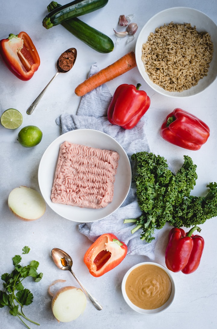 overhead picture of ingredients spread out on white background